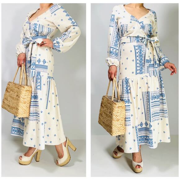 Anthropologie Maison D’Amélie linen wrap top & tiered skirt set blue  NWOT Small - Picture 1 of 10